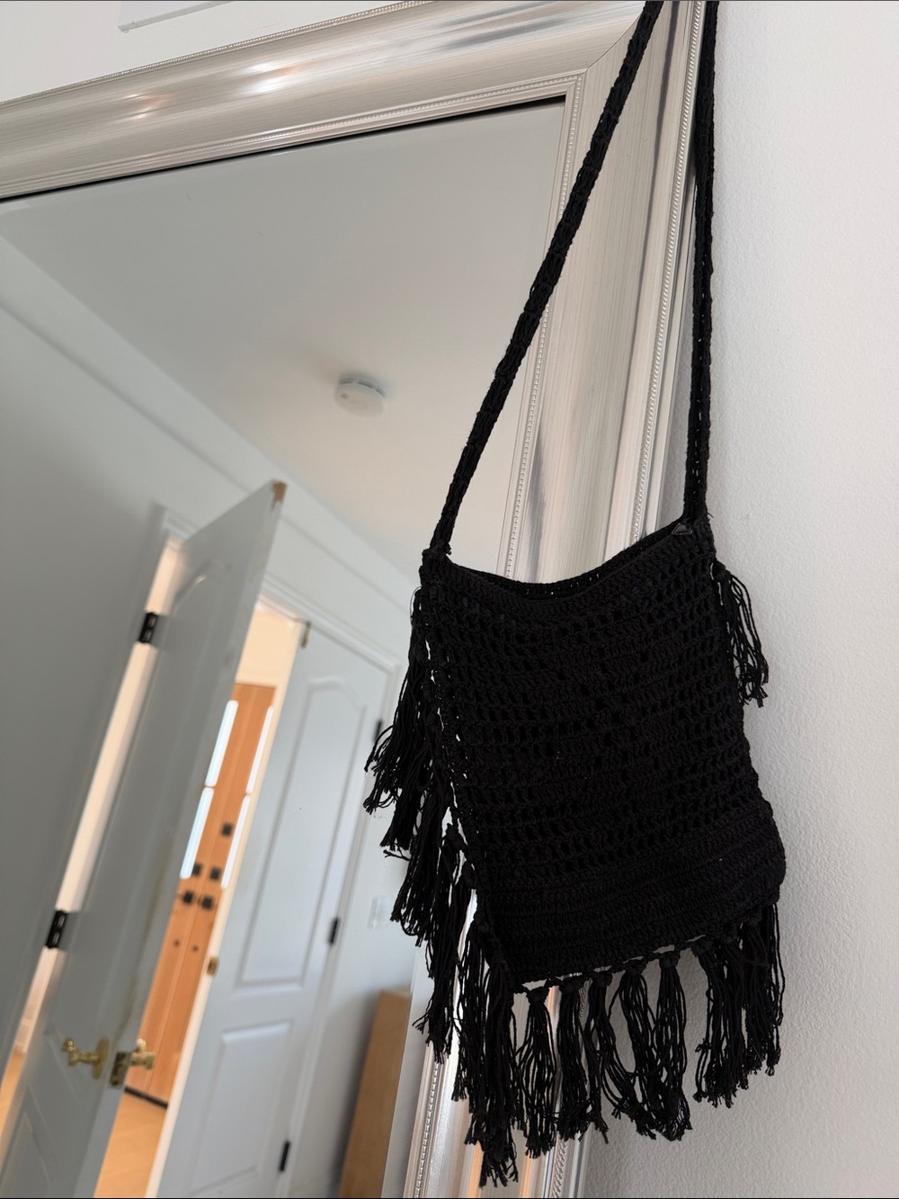 Nordstrom Black Crocheted Fringe Shoulder Bag